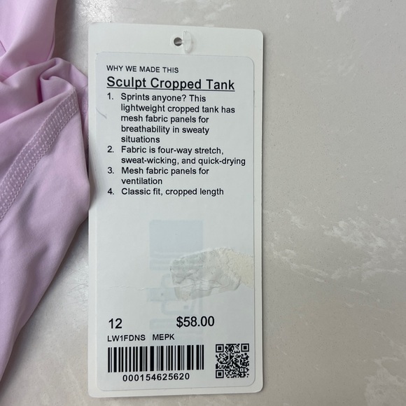 Lululemon Sculpt Cropped Tank Top, Meadowsweet Pink, Mesh, Size 12, LW1FDNS, NWT - Picture 8 of 9